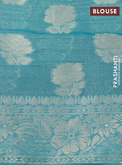 Crushed tissue saree teal blue with zari woven floral buttas and zari woven floral border