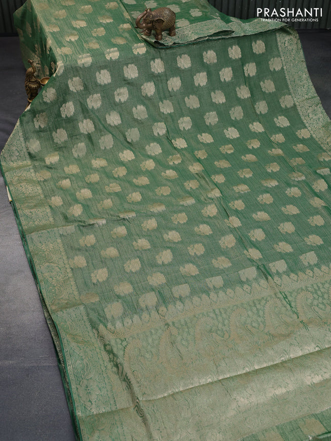 Crushed tissue saree green with zari woven floral buttas and zari woven floral border