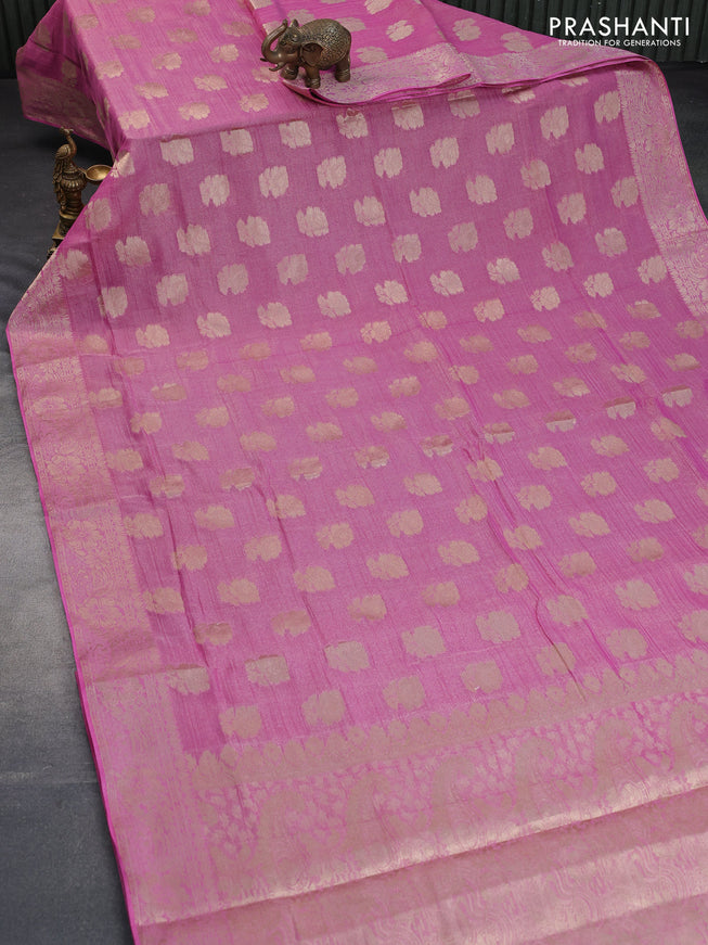 Crushed tissue saree light pink with zari woven floral buttas and zari woven floral border