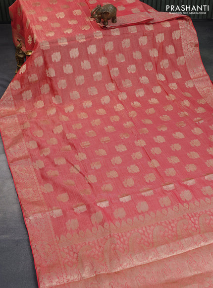 Crushed tissue saree peach pink with zari woven floral buttas and zari woven floral border