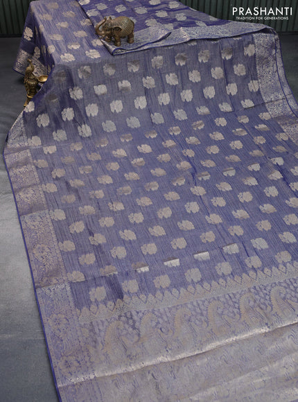 Crushed tissue saree dark blue with zari woven floral buttas and zari woven floral border