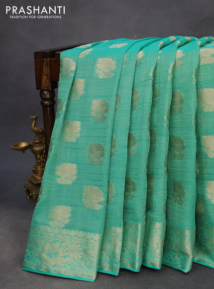 Crushed tissue saree teal green with zari woven floral buttas and zari woven floral border