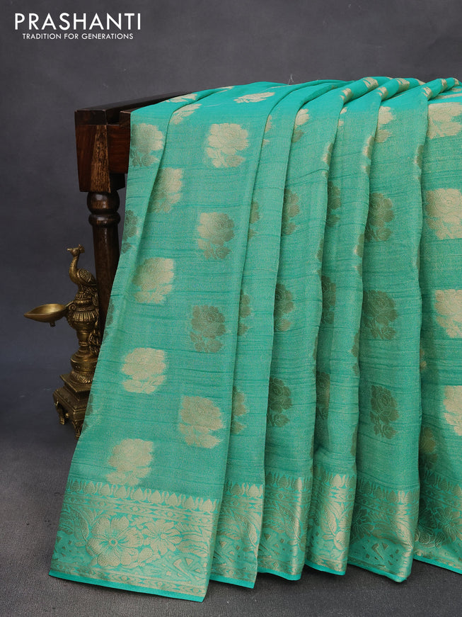 Crushed tissue saree teal green with zari woven floral buttas and zari woven floral border