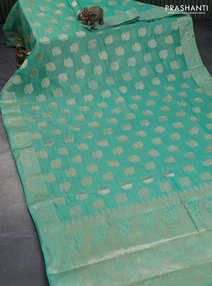 Crushed tissue saree teal green with zari woven floral buttas and zari woven floral border