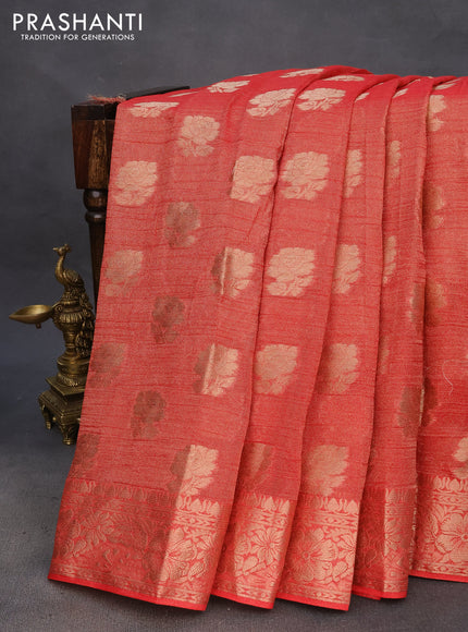 Crushed tissue saree red with zari woven floral buttas and zari woven floral border