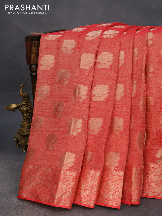 Crushed tissue saree red with zari woven floral buttas and zari woven floral border