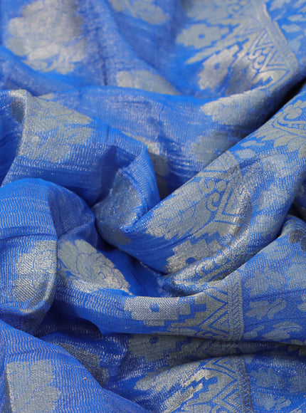 Crushed tissue saree blue with zari woven floral buttas and zari woven floral border