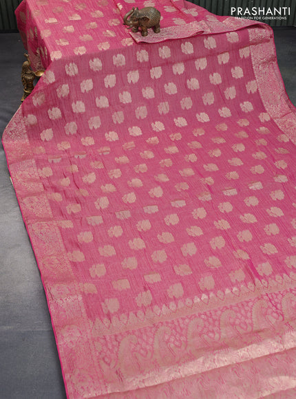 Crushed tissue saree pink with zari woven floral buttas and zari woven floral border