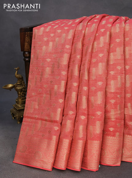 Crushed tissue saree peach pink with allover zari woven buttas and zari woven floral border