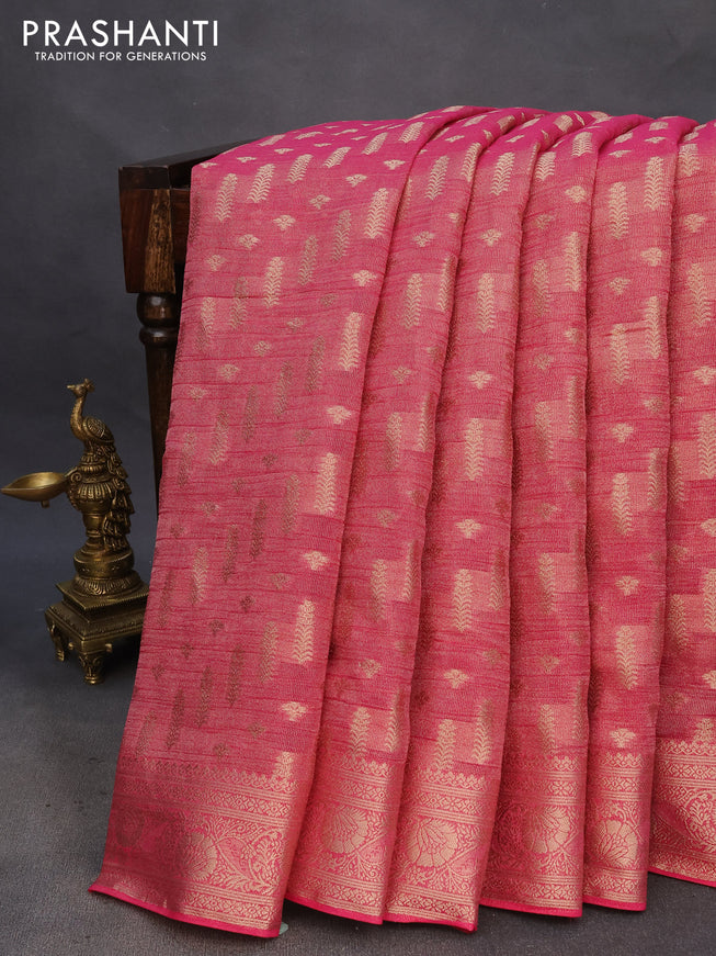 Crushed tissue saree pink with allover zari woven buttas and zari woven floral border