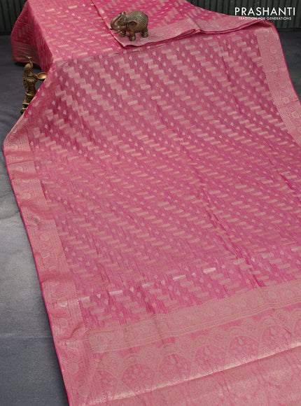 Crushed tissue saree pink with allover zari woven buttas and zari woven floral border