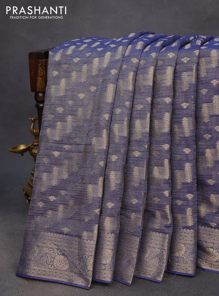 Crushed tissue saree dark blue with allover zari woven buttas and zari woven floral border