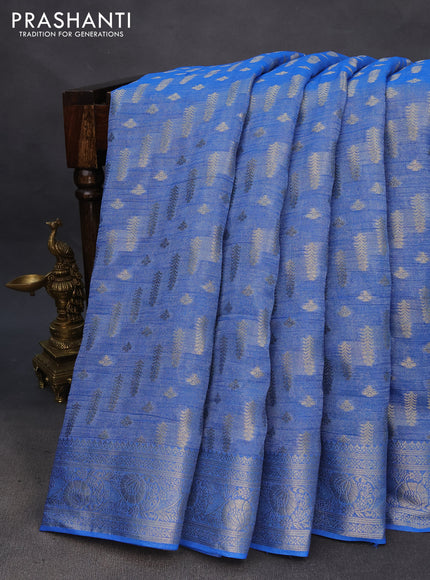 Crushed tissue saree blue with allover zari woven buttas and zari woven floral border