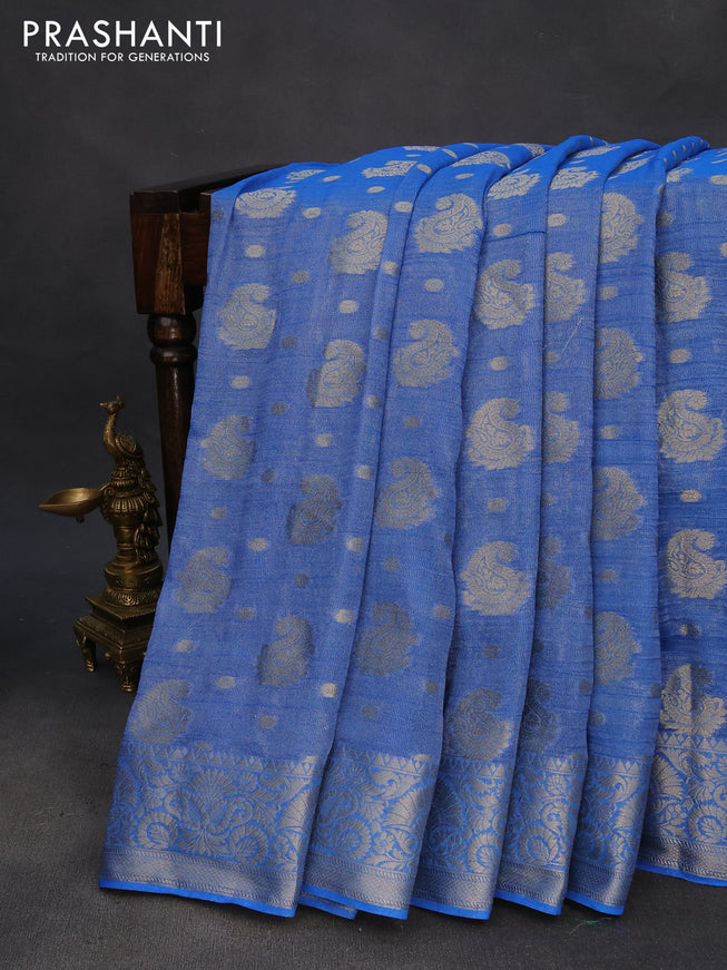 Crushed tissue saree blue with allover zari woven buttas and zari woven border