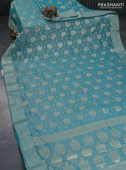 Crushed tissue saree teal blue with allover zari woven buttas and zari woven border