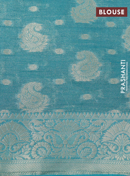 Crushed tissue saree teal blue with allover zari woven buttas and zari woven border