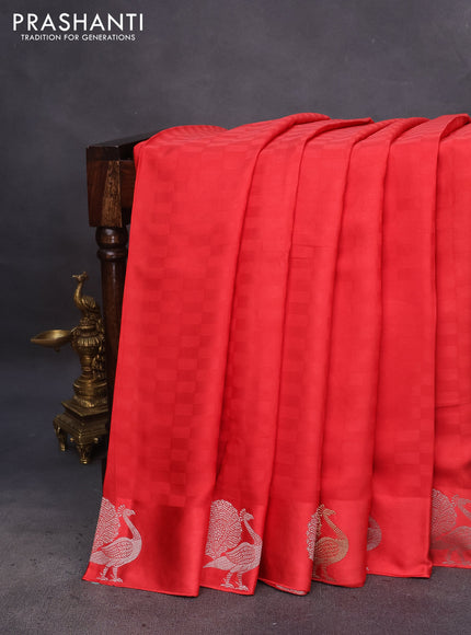 Mushru silk saree red with allover self emboss and zari woven butta border