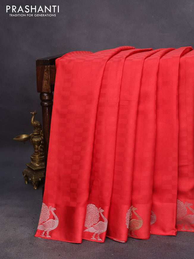 Mushru silk saree red with allover self emboss and zari woven butta border