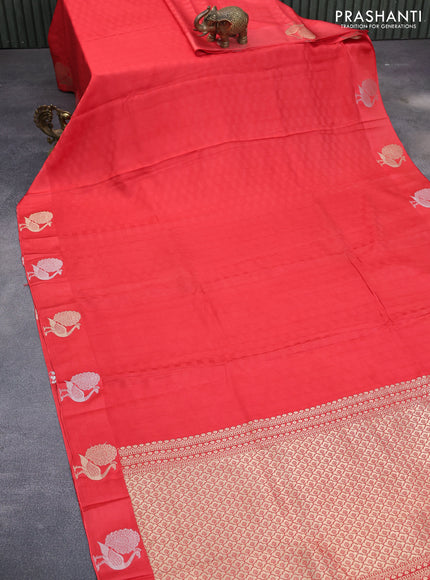 Mushru silk saree red with allover self emboss and zari woven butta border