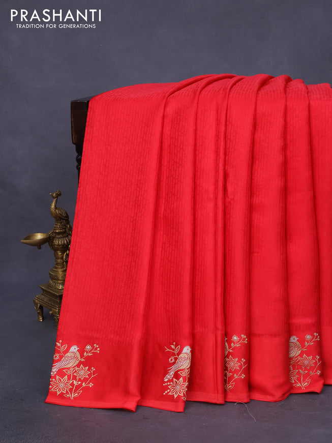 Mushru silk saree red with allover self emboss and zari woven butta border