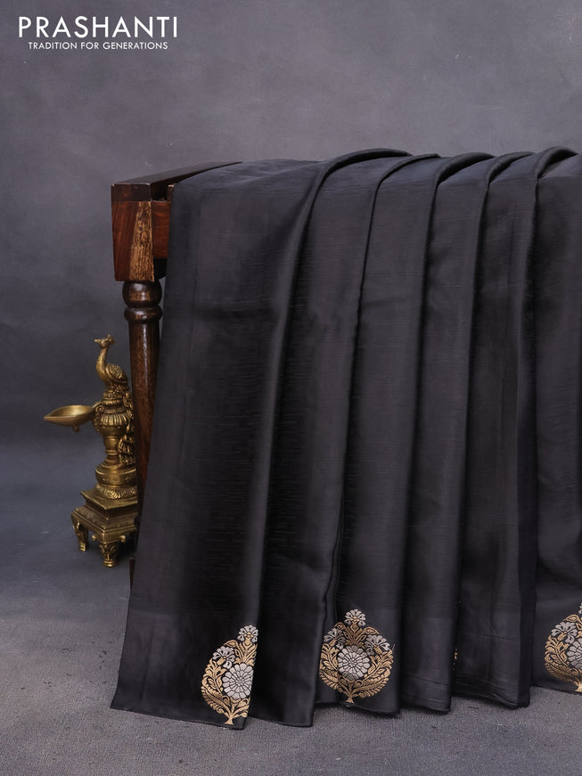 Mushru silk saree black with allover self emboss and zari woven butta border