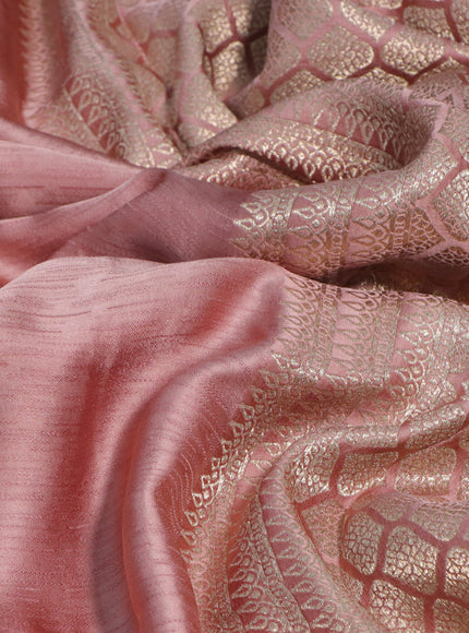 Mushru silk saree peach shade with allover self emboss and zari woven butta border