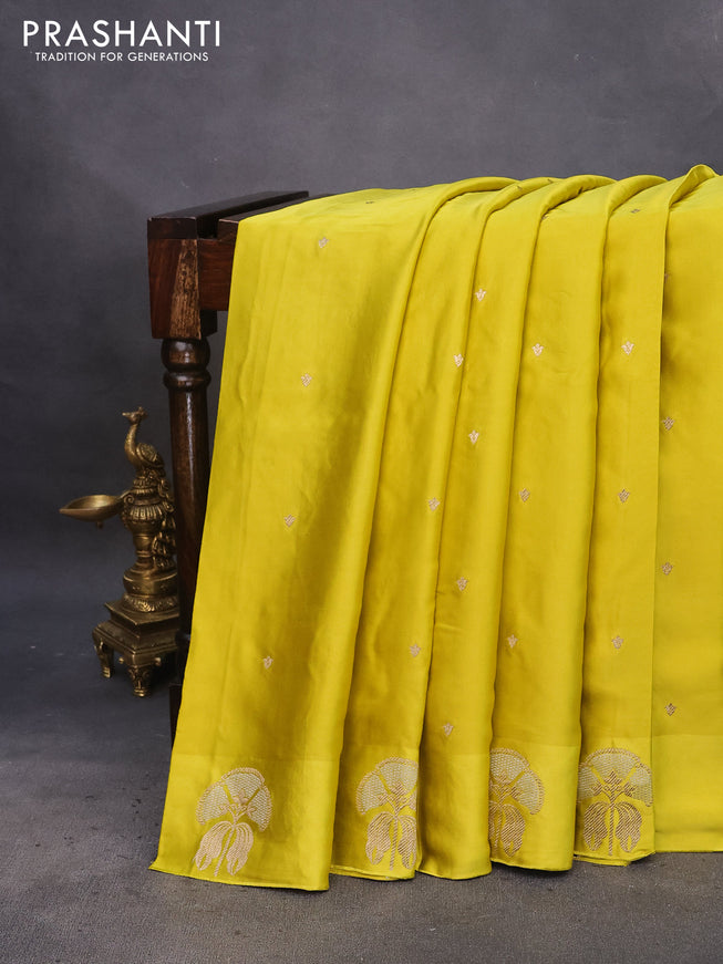 Mushru silk saree lime yellow with zari woven buttas and zari woven butta border