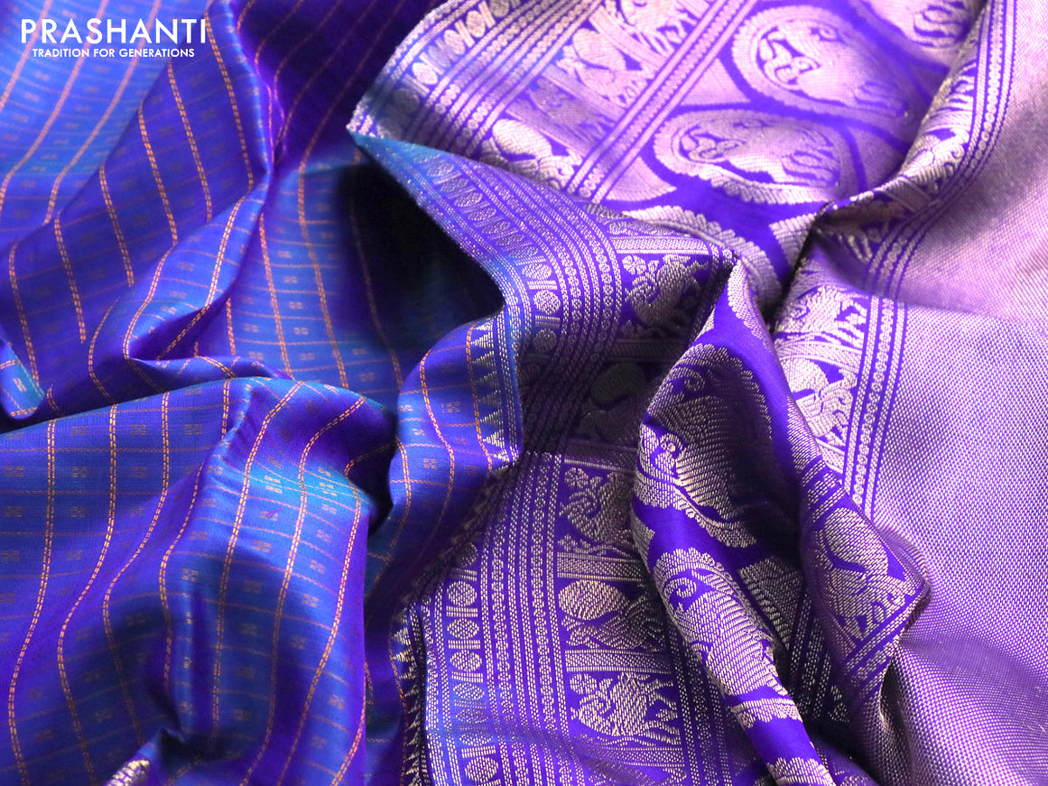 Pure kanchipuram silk saree cs blue and blue with allover thread checks & buttas and rettapet zari woven border