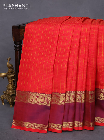 Pure kanchipuram silk saree red and dual shade of bluish maroon with allover thread checks & buttas and rettapet zari woven border