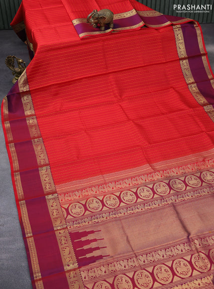 Pure kanchipuram silk saree red and dual shade of bluish maroon with allover thread checks & buttas and rettapet zari woven border