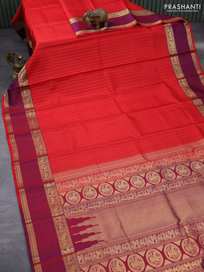 Pure kanchipuram silk saree red and dual shade of bluish maroon with allover thread checks & buttas and rettapet zari woven border