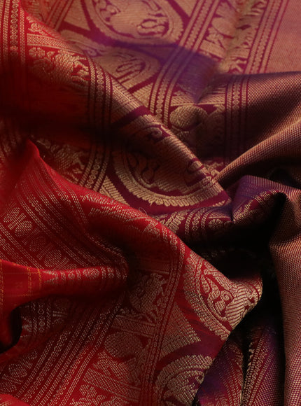 Pure kanchipuram silk saree red and dual shade of bluish maroon with allover thread checks & buttas and rettapet zari woven border