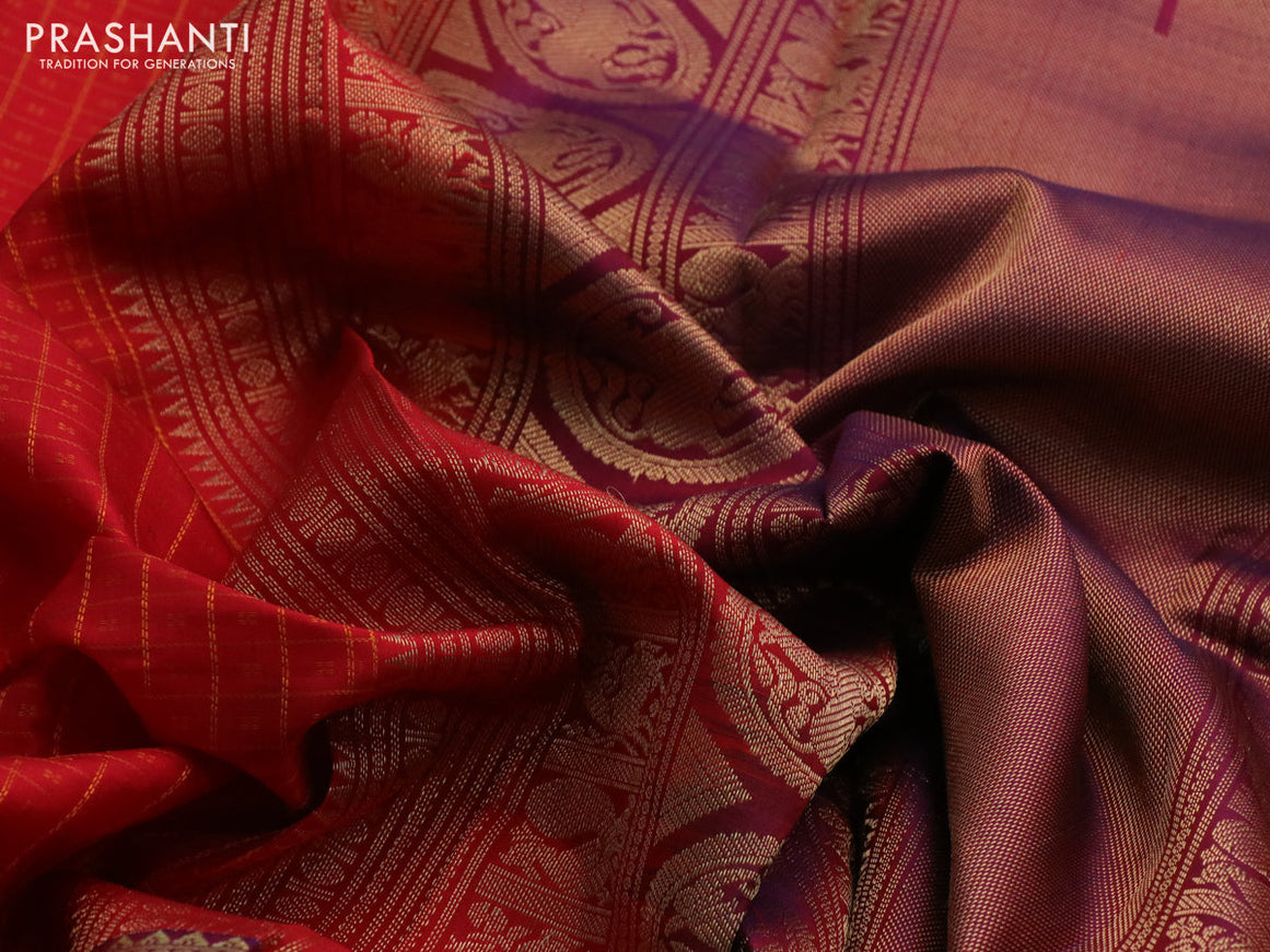 Pure kanchipuram silk saree red and dual shade of bluish maroon with allover thread checks & buttas and rettapet zari woven border