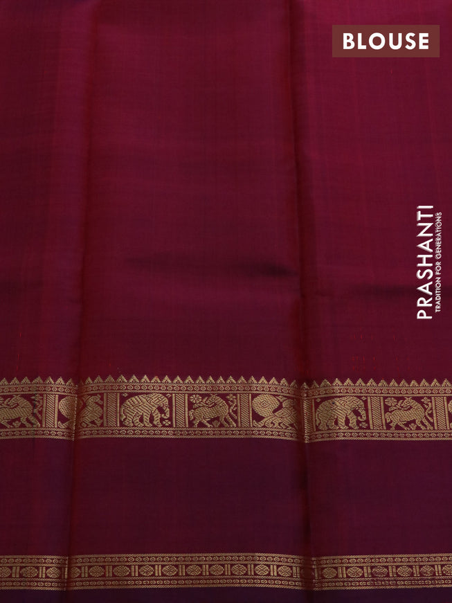 Pure kanchipuram silk saree red and dual shade of bluish maroon with allover thread checks & buttas and rettapet zari woven border