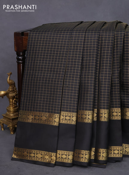 Pure kanchipuram silk saree black with allover zari checked pattern and rettapet zari woven border