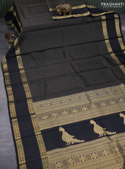 Pure kanchipuram silk saree black with allover zari checked pattern and rettapet zari woven border