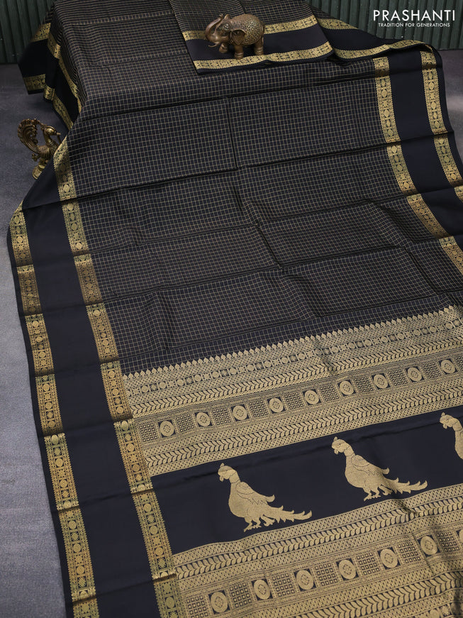 Pure kanchipuram silk saree black with allover zari checked pattern and rettapet zari woven border