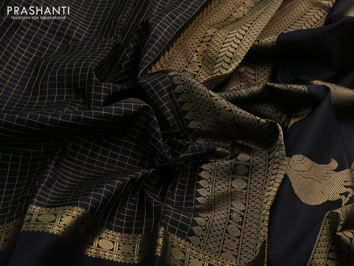 Pure kanchipuram silk saree black with allover zari checked pattern and rettapet zari woven border