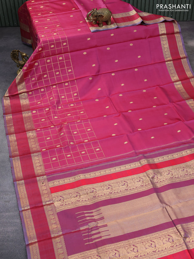 Pure kanchipuram silk saree pink shade and grey with zari woven buttas & zari checks and rettapet zari woven border