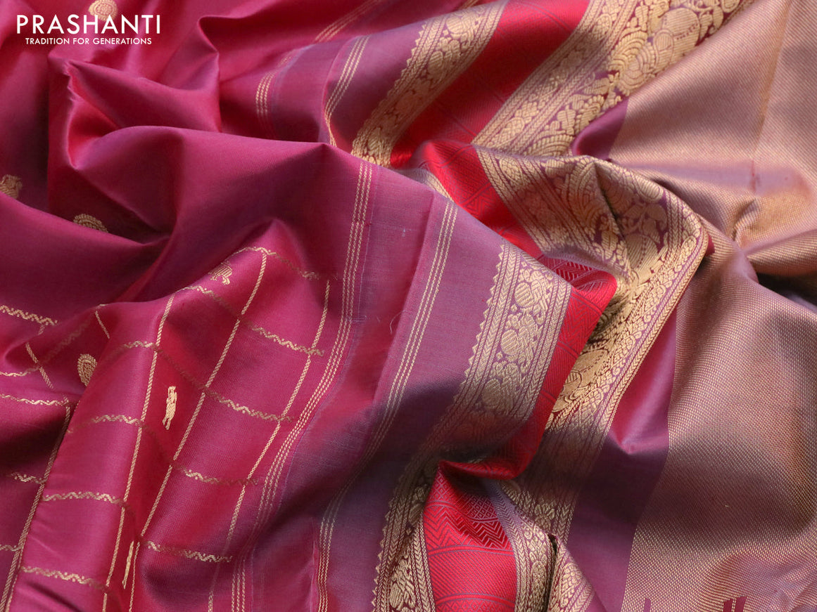 Pure kanchipuram silk saree pink shade and grey with zari woven buttas & zari checks and rettapet zari woven border