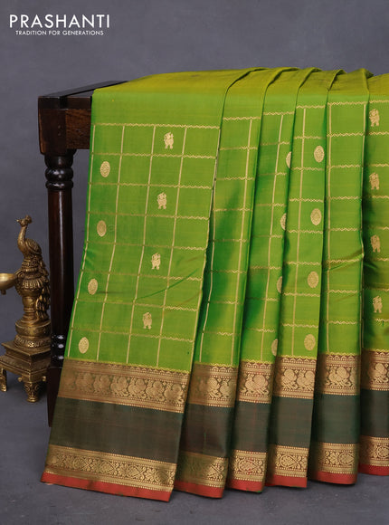 Pure kanchipuram silk saree mehendi green and red shade with zari woven buttas & zari checks and rettapet zari woven border