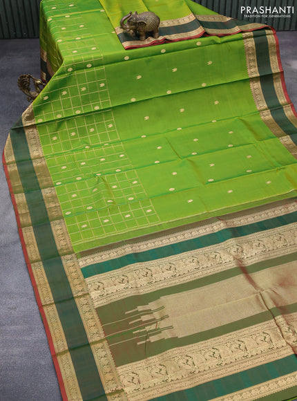 Pure kanchipuram silk saree mehendi green and red shade with zari woven buttas & zari checks and rettapet zari woven border