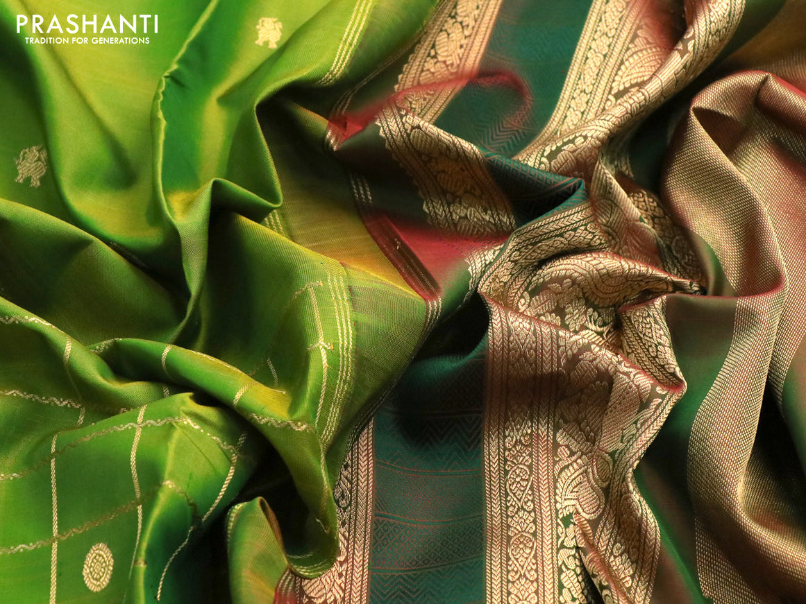 Pure kanchipuram silk saree mehendi green and red shade with zari woven buttas & zari checks and rettapet zari woven border