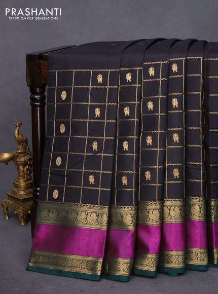 Pure kanchipuram silk saree black and green with zari woven buttas & zari checks and rettapet zari woven border