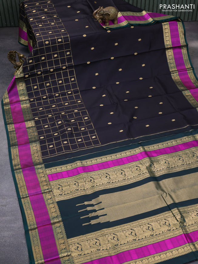 Pure kanchipuram silk saree black and green with zari woven buttas & zari checks and rettapet zari woven border