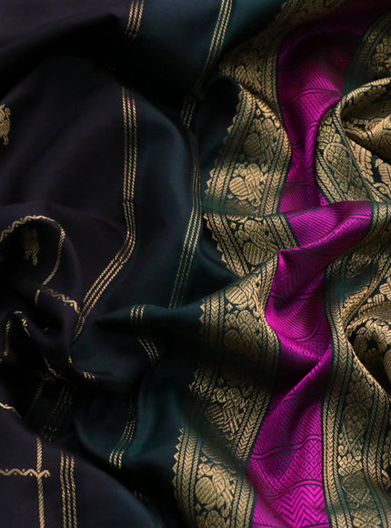 Pure kanchipuram silk saree black and green with zari woven buttas & zari checks and rettapet zari woven border