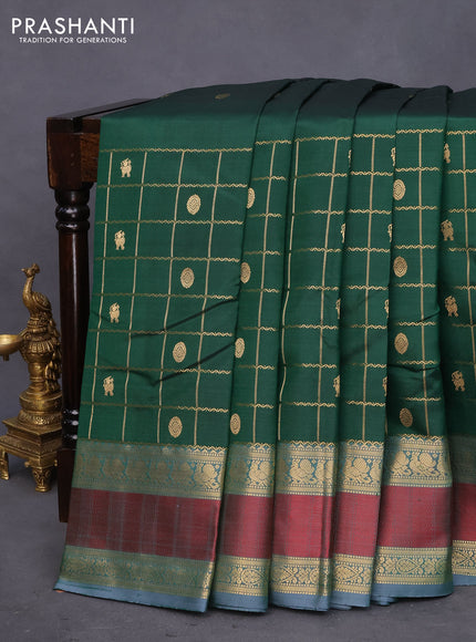 Pure kanchipuram silk saree green and grey with zari woven buttas & zari checks and rettapet zari woven border