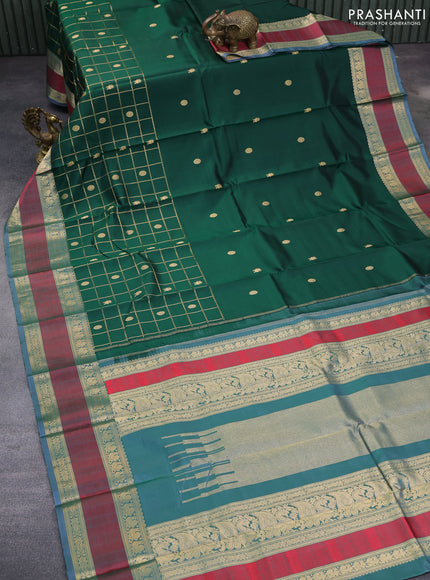 Pure kanchipuram silk saree green and grey with zari woven buttas & zari checks and rettapet zari woven border