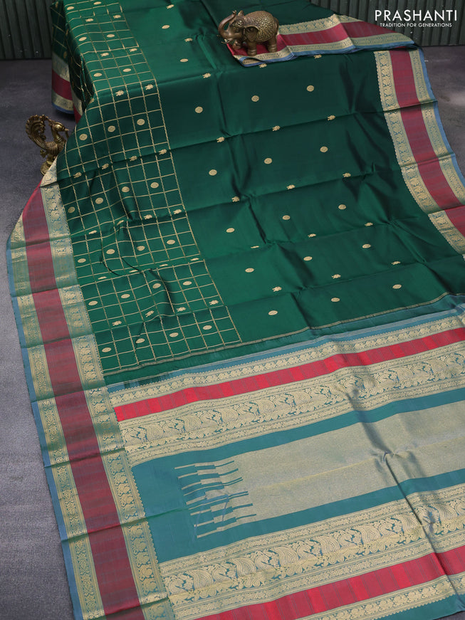 Pure kanchipuram silk saree green and grey with zari woven buttas & zari checks and rettapet zari woven border