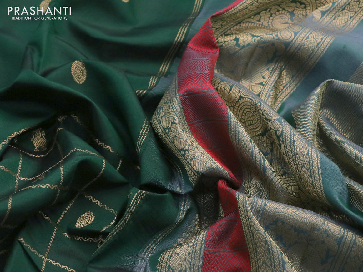 Pure kanchipuram silk saree green and grey with zari woven buttas & zari checks and rettapet zari woven border